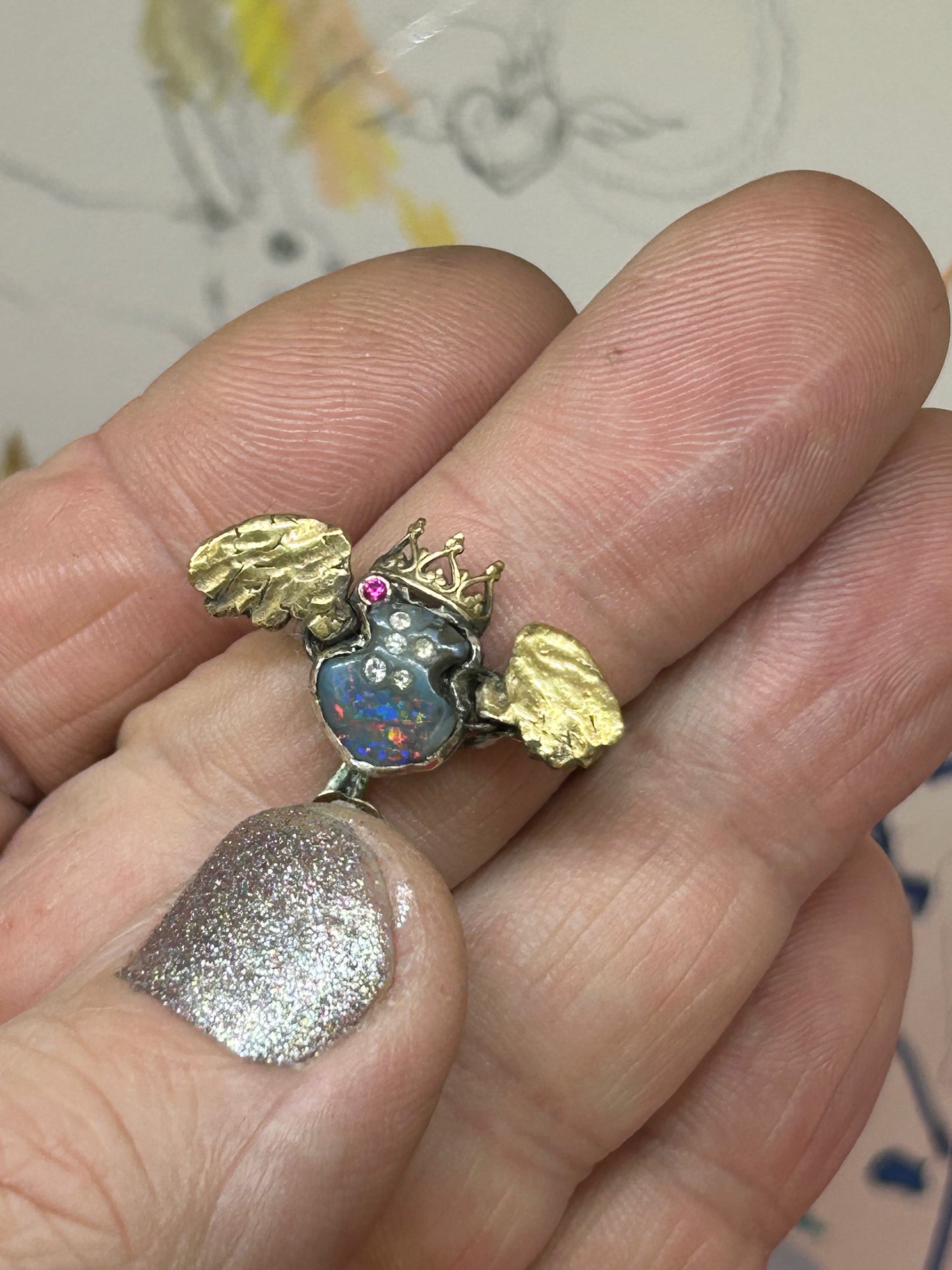 Black Opal Ring with Wings that Flutter!