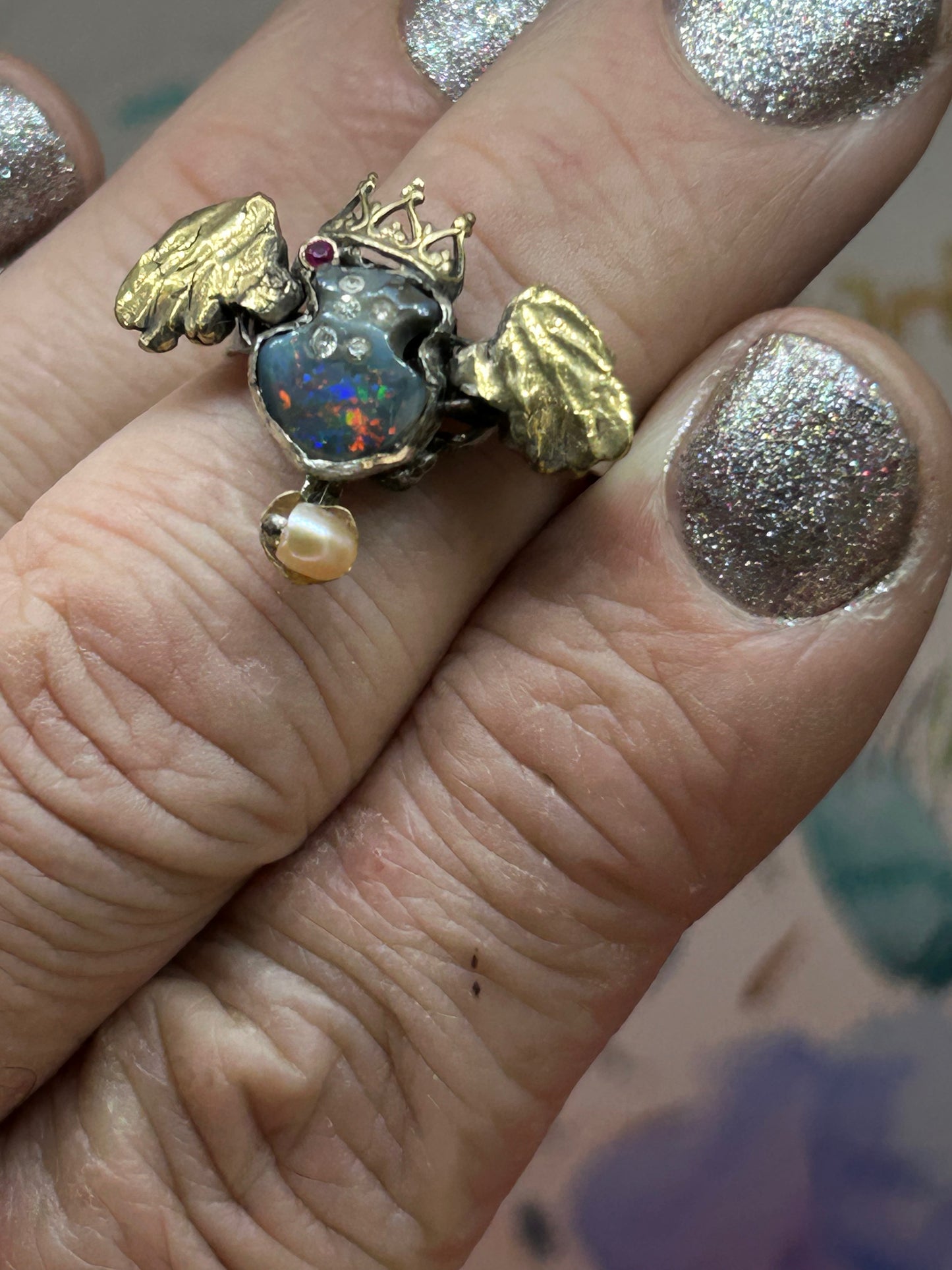 Black Opal Ring with Wings that Flutter!