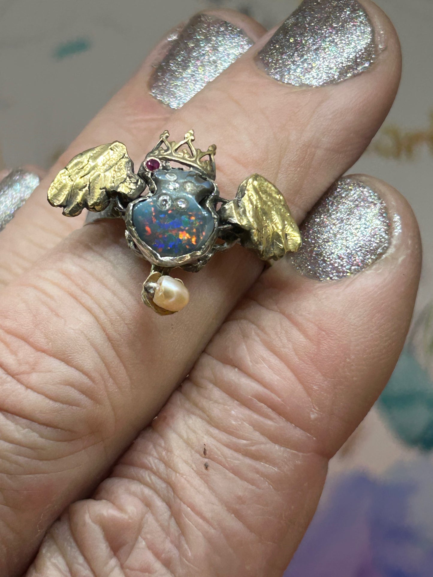 Black Opal Ring with Wings that Flutter!