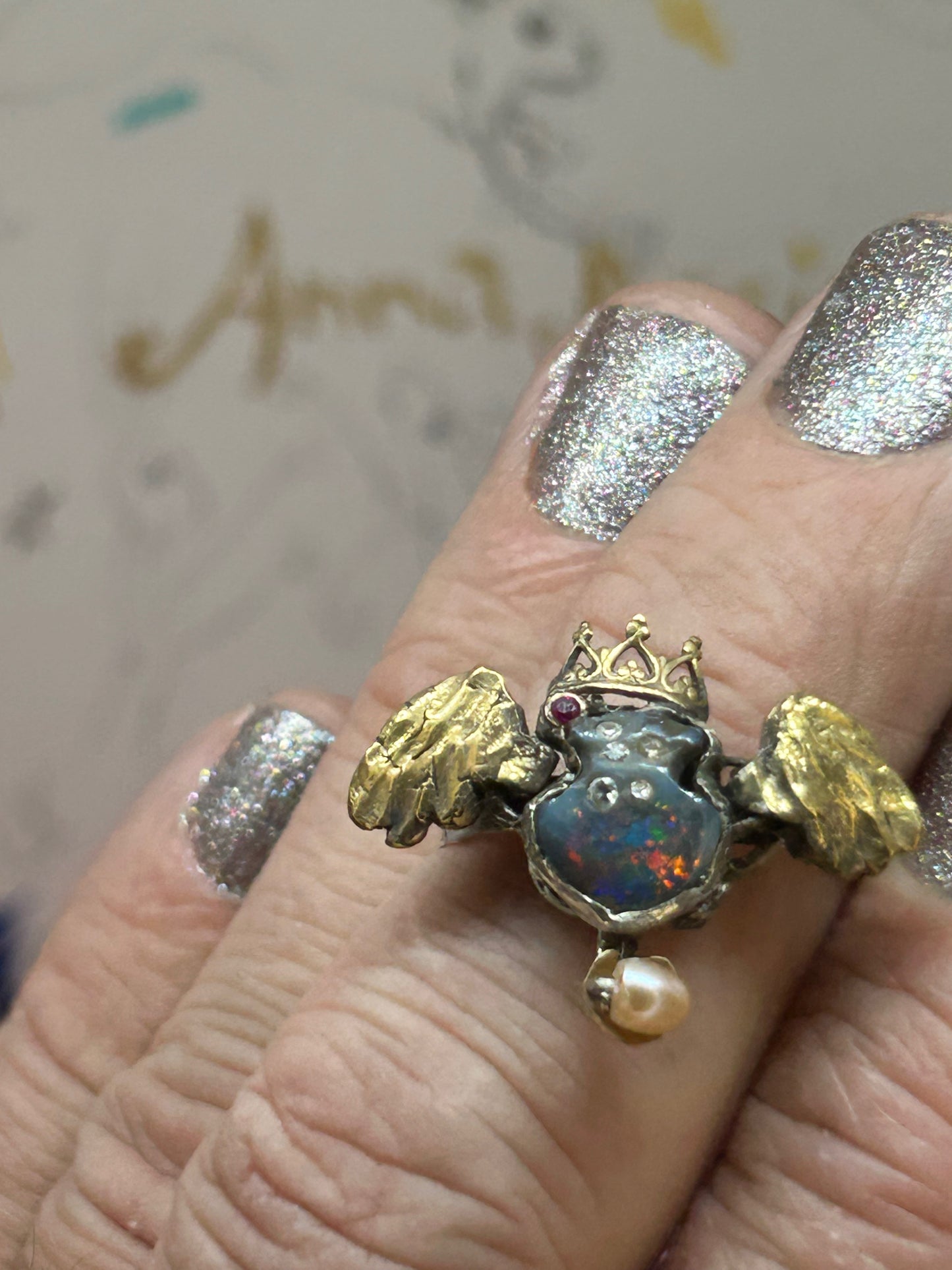 Black Opal Ring with Wings that Flutter!