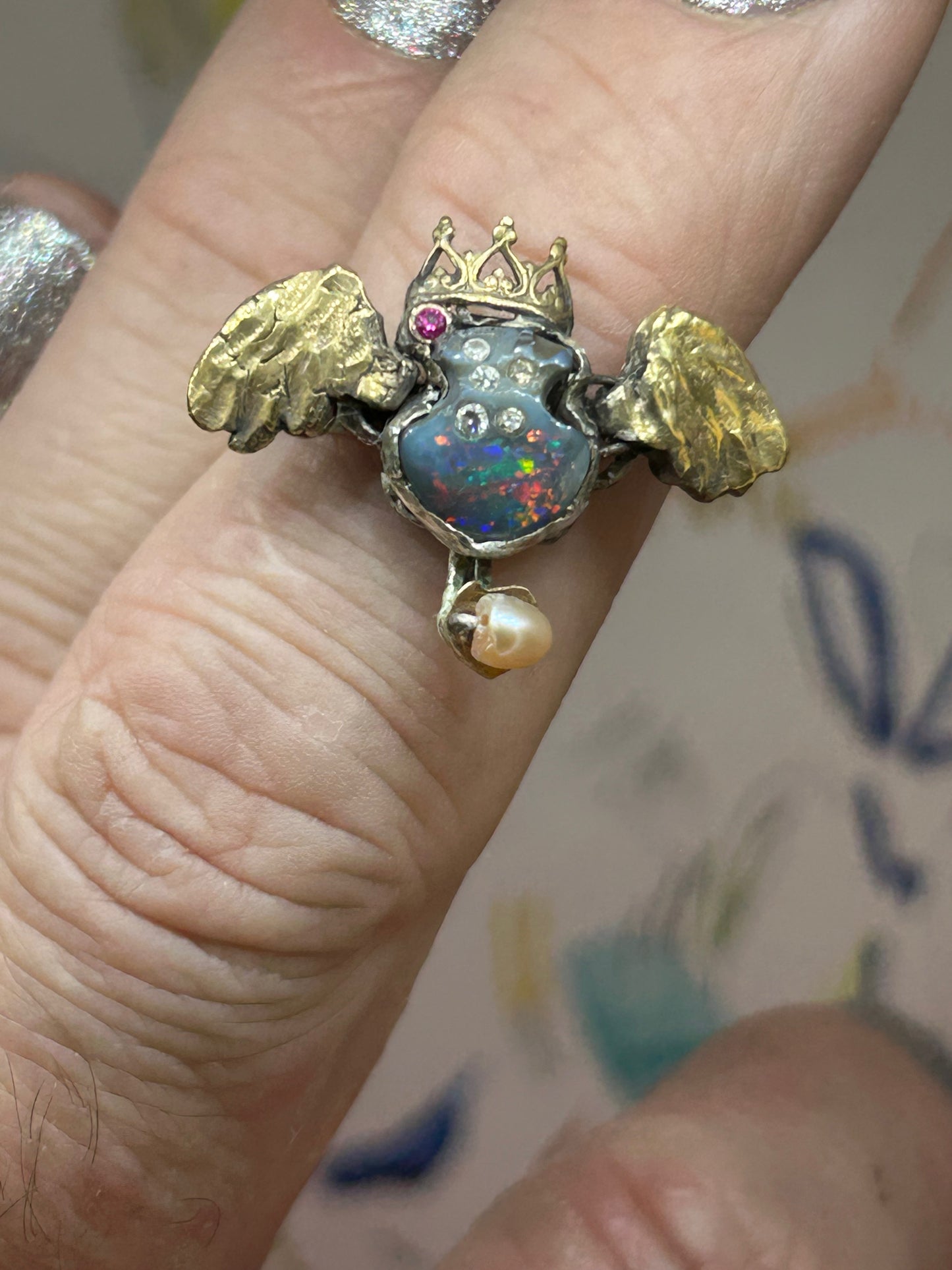 Black Opal Ring with Wings that Flutter!